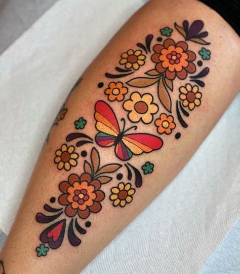 Bright Traditional Tattoo, Gerber Daisy Tattoo Color, American Traditional Rainbow Tattoo, Tattoo Filler Ideas For Women, Left Tattoo, Girly American Traditional Tattoo Ideas, Hippie Tattoo, Traditional Tattoo Flowers, Ink Therapy