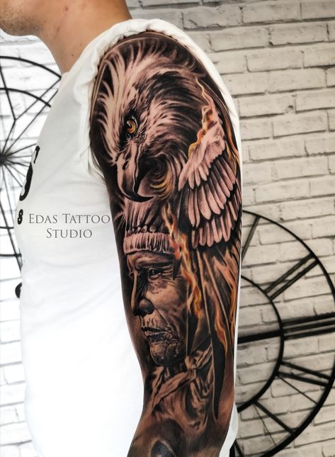 Native American Chest Tattoo For Men, Native Arm Tattoo, Mens Native American Tattoos, Indian Head Tattoo Men, Native American Shoulder Tattoo, Chief Tattoo Men, Native American Animal Tattoos, Indian Man Tattoo, Indian Eagle Tattoo