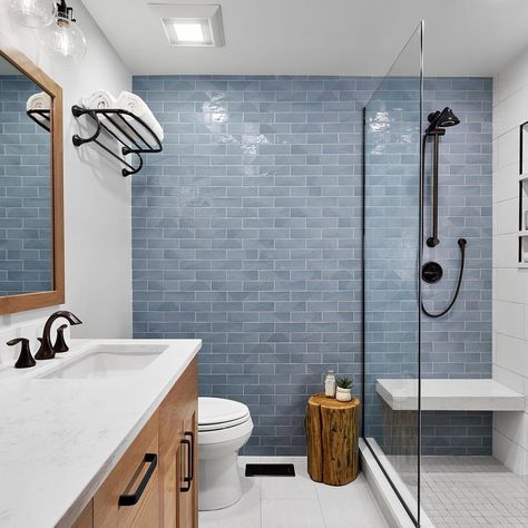 AMAZING BATHROOM IDEAS on Instagram: “Simplicity is king 👑 what’s your favorite aspect of this space? . Blue tile reminds me of a beach home property 💙 Follow @bathroom_decor…” Trending Bathroom Colors, Tile Accent Wall, Blue Bathroom Tile, Ceramic Tile Bathrooms, Teal Bathroom, Chicago Interior Design, Transitional Bathroom, Blue Tile, Big Bathrooms