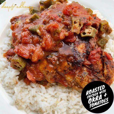 Roasted Chicken with Okra and Tomatoes • deepfriedhoney Recipe For Roasted Chicken, Birria Quesatacos, Roasted Chicken Breasts, Okra And Tomatoes, Homemade Meat Sauce, Okra Recipes, Tasty Meat, Roasted Chicken Breast, Stewed Tomatoes