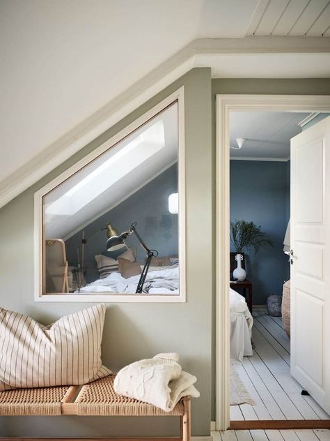 my scandinavian home: A White Swedish Home In An Attic Interior Window Wall, Scandinavian Attic, Swedish Home, Light Colored Furniture, Swedish Apartment, Blue Bed, Interior Window, Unusual Home, Indoor Window