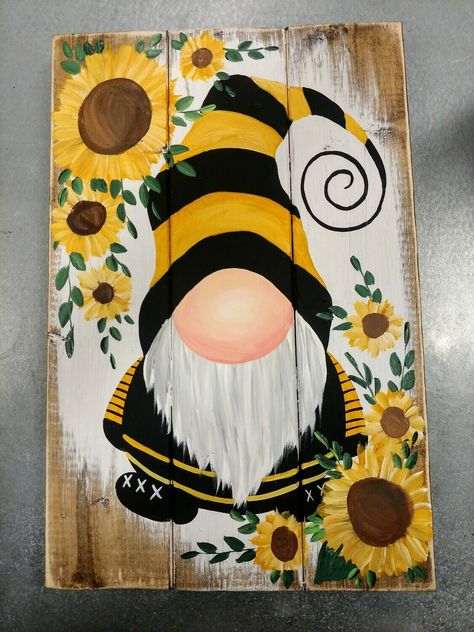 Gnome Paint, Gnome Pictures, Summer Painting, Easy Canvas Painting, Pallet Painting, Bee Crafts, Gnome Patterns, Canvas Painting Diy, Gnomes Crafts