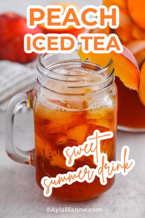 Cool off with this delicious homemade Peach Iced Tea! 🍑🧊 Brewed with black tea and infused with sweet, juicy peach syrup, this refreshing drink is perfect for hot summer days. Simple, flavorful, and irresistibly refreshing – your new favorite summer beverage awaits! via @aylarianne Peach Tea Recipe, Peach Iced Tea, Spiced Peaches, Flavored Ice, Peach Drinks, Southern Sweet Tea, Peach Syrup, Perfect Summer Drink, Peach Ice Tea