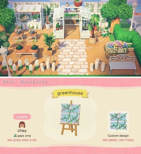 Fairy Island, Greenhouse Panels, Greenhouse Design, Ac Ideas, Acnh Patterns, Brick Path, Animals Crossing, Animal Crossing Guide, Acnh Designs