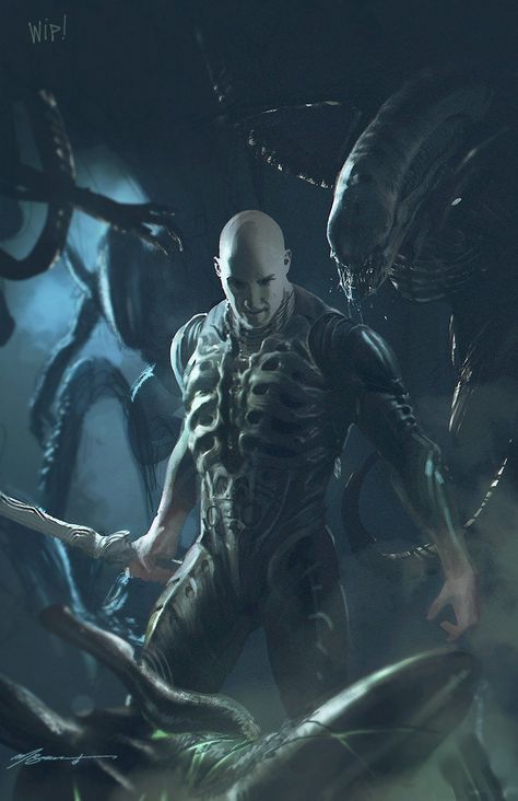 A suited-up Engineer takes on a horde of ferocious Xenomorphs in this epic piece of Prometheus / Alien: Covenant fan art by c... Alien Convenant, Prometheus Movie, Tiamat Dragon, Giger Alien, Predator Artwork, Giger Art, Predator Movie, Creature Fantasy, Alien Artwork