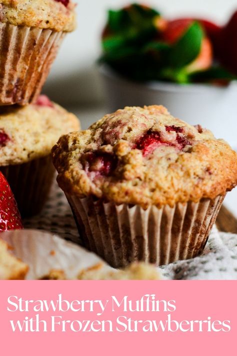 Easy and quick to make these muffins feature frozen strawberries - then you can make these at any time of year!! Yum! Strawberry Muffins Using Frozen Strawberries, Frozen Strawberries Recipes Easy, Frozen Strawberry Muffin Recipes, Recipes For Frozen Strawberries, Strawberry Muffins Frozen Strawberries, Frozen Strawberry Muffins, Recipes With Frozen Strawberries, Strawberry Muffins Easy, Strawberry Chocolate Chip Muffins