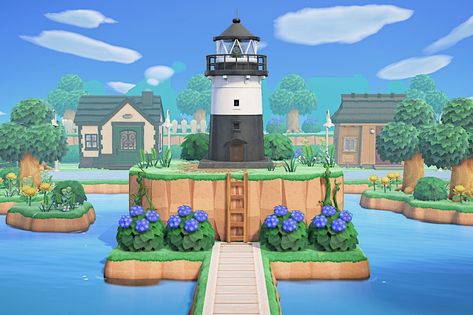 Screenshot from Animal Crossing: New Horizons. Lighthouse by a harbor with a neighborhood of five villagers behind it. Blue hydrangeas scattered around summer day. Acnh Coastal Ideas, New England Animal Crossing, Acnh Coastal Town Ideas, Acnh Harbor Ideas, Acnh New England Coastal, Coastal Acnh Island, Acnh New England, Costal Town Acnh, Acnh White Island