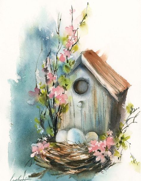 Easter Paintings, Spring Painting, Watercolor Bird, Watercolor Cards, Birdhouse, Wren, Clematis, Bird Art, Original Watercolor Painting