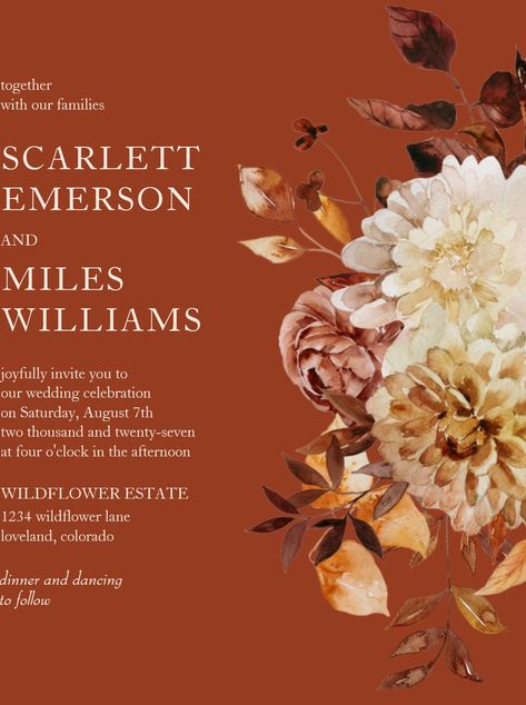 minimalist wedding invitations copper modern fall terracotta floral wedding invitation modern simple elegant wedding invitation watercolor wedding fall autumn wedding burnt orange terracotta leaves rust copper brown flowers together with their families parents rustic fall wedding invites fall foliage fall colors #wedding #weddinginvitations #zazzle #zazzleinvitations #businescards #weddingcards Fall Wedding Invites, Fall Colors Wedding, Wedding Burnt Orange, Terracotta Floral Wedding, Copper Wedding Invitations, Wedding Invitation Watercolor, Simple Elegant Wedding, Copper Wedding, Rustic Fall Wedding