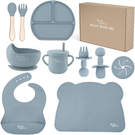 Yum Yum's Baby Weaning Set – includes Toddler Water Bottle, Suction Cups, Suction Bowl, Spoon, Fork, Baby Plate & More - Ideal Baby Feeding Set & Baby Gifts & Present - 10 Pieces (Blue) Toddler Water Bottle, Baby Plates Set, Baby Dinner, Baby Table, Baby Essentials Newborn, Baby Feeding Set, Toddler Cup, Baby Bowls, Baby Plates