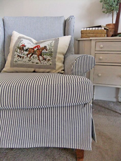 Simple ticking slipcover for a wingback chair. slipcovermaker.com Ticking Sofas, Reupholstered Wingback Chair, Ticking Sofa, Ticking Slipcover, Ticking Stripe Chair Slipcovers, Blue Striped Accent Chairs, Slipcovered Wingback Chair, Blue Striped Chair, Ticking Stripe Chair