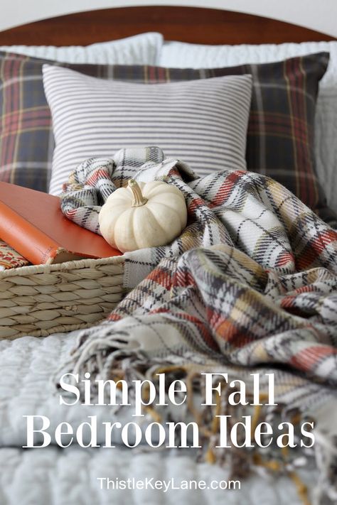 Fall Bedroom Ideas Autumn, Fall Bedroom Bedding Ideas, Fall Farmhouse Bedroom, Kids Nightstand Decor, Fall Bedding Bedrooms Cozy, Fall Bedroom Inspiration, Fall Bedroom Ideas Cozy, Simple Fall Bedroom, Fall Inspired Bedroom