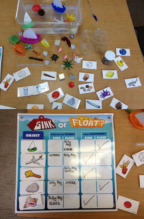 Floating and Sinking fun prediction activity! Floating And Sinking Activities Eyfs, Fantasy Activities, Kindergarten Centres, Floating And Sinking, Investigation Area, Predicting Activities, Science Table, Floating Art, Water Experiments