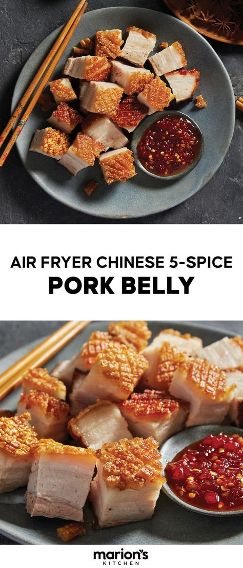 Air Fryer Chinese 5-Spice Pork Belly Asian Pork Belly Recipes, Air Fryer Chinese, Crackling Recipe, Asian Pork Belly, Roasted Pork Belly Recipe, Pork Belly Recipes Crispy, Rice Asian, Asian Greens, Lemon Cupcake Recipe