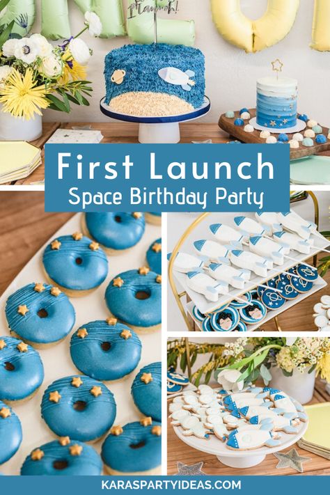 Kara's Party Ideas First Launch Space Birthday Party | Kara's Party Ideas First Blast Off Birthday, Space First Birthday Party Food, Blast Off 1st Birthday Party, 1st Space Birthday Party, 3 2 One Blast Off Birthday, First Birthday Outer Space Theme, Nasa First Birthday Theme, Spaceship Birthday Party Ideas, Outer Space One Year Old Party