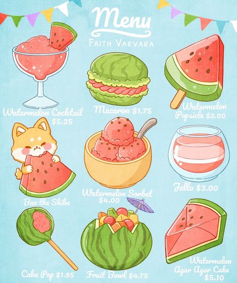 Faith Varvara — More blue menu illustration , If you didn’t know... Faith Varvara, Buku Diy, Seni Resin, 귀여운 음식 그림, Foods And Drinks, Kawaii Illustration, Cute Food Drawings, Cute Food Art, Cute Animal Drawings Kawaii