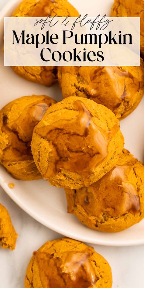 Welcome in autumn with a batch of these soft, cakey pumpkin cookies! They're a true indulgence, with notes of actual pumpkin, pumpkin pie spice, and maple syrup, not to mention the sweet maple glaze that elevates them to a whole 'nother level. Plus, they're gluten free, dairy free, and refined sugar free, and they're even easy to make without eggs if needed. Maple Syrup Cookies, Maple Desserts, Gluten Free Pumpkin Cookies, Pumpkin Cookies Healthy, 40 Aprons, Dairy Free Pumpkin, Pumpkin Cookie Recipe, True Autumn, Maple Pumpkin