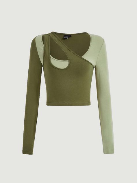 Multicolor Casual Collar Long Sleeve Fabric Colorblock  Embellished Slight Stretch  Women Tops, Blouses & Tee Selena Outfits, High School Outfits, Foto Ideas Instagram, Women T Shirts, Clothing Hacks, Lookbook Outfits, Women Tops, Casual Outfit, Her Style