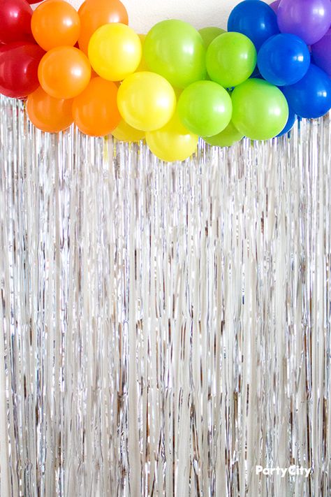 Add a splash of color and a dash of shine with silver streamers hanging from a colorful latex balloons garland. No helium needed. Table Cover Backdrop, Silver Streamers, Party City Balloons, Trendy Party Decor, Neon Birthday Party, Rainbow Theme Party, Neon Birthday, Pepa Pig, Fringe Backdrops