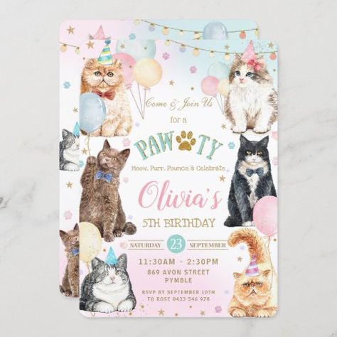 $3.04 | Cute Adorable Pawty Cats Balloons Birthday Party I - first birthday invitation, cats birthday party invitations, cute adorable watercolor cats, balloons confetti, pawty meow purr pounce, pastel soft pink blue turquoise, pastel sweet girly invites, cute ragdoll british shorthair, scottish fold persian cats, rainbow chic whimsical Cat Party Theme, Cats Birthday Party, Cat Birthday Party Invitations, Cat Balloons, Watercolor Cats, Cat Birthday Party, Themed Party Ideas, Persian Cats, Balloons Birthday