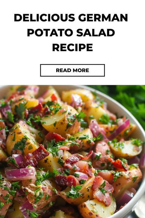 German potato salad is a warm salad made with potatoes, bacon, and a vinegar dressing. Make this traditional German side dish with this recipe! Warm German Potato Salad, Authentic German Potato Salad, German Salads, German Side Dishes, German Potato Salad Recipe, Italian Main Dishes, Potatoe Salad, German Potato, German Potatoes