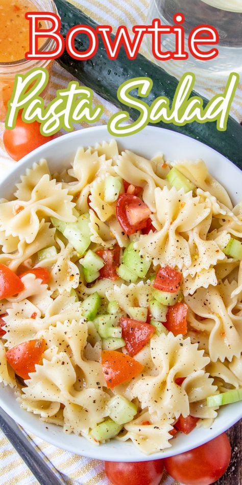 This five ingredient zesty Italian tomato and cucumber bowtie pasta salad is super easy and great for lunch, BBQ's, potlucks and picnics! A crowd pleasing family favorite recipe! Easy Bowtie Pasta Salad Recipes, Pasta Salad With Cucumbers And Tomatoes, Italian Bowtie Pasta Recipes, Easy Summer Side Dishes For A Crowd, Super Easy Side Dishes, Pasta Salad Recipes Bowtie, Cold Bowtie Pasta Salad, Tomato Bowtie Pasta, Bowtie Pasta Salad Recipes