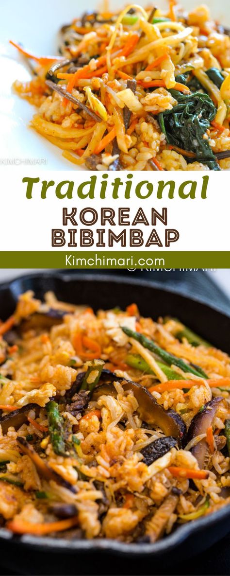 Bibimbap is a traditional Korean rice dish that is served topped with meat and assorted vegetables then mixed with a spicy gochujang sauce. The combination of spicy, savory and slightly sweet flavors makes this one of the most popular Korean dish all over the world. Every bibimbap recipe will have an array of vegetables and meat toppings but they have different names depending on either what the protein is or what region it comes from. Korean Rice Bowl Recipe, Rice With Meat, Korean Food Side Dishes, Traditional Asian Dish, Korean Bibimbap, Bibimbap Recipe, Best Korean Food, Mixed Rice, Rice Side Dish Recipes