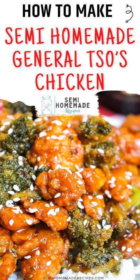 This General Tso’s Chicken is one of our favorite Chinese restaurant take out menu items with a Semi Homemade Twist. Popcorn chicken, General Tso’s sauce, and frozen broccoli come together for a quick and easy dinner idea! General Tsaos Chicken Recipe, General Taos Chicken, Easy General Tso Chicken, General Tao Chicken, Popcorn Chicken Recipe, General Tso's Chicken, Frozen Chicken Nuggets, Tso Chicken, Take Out Menu