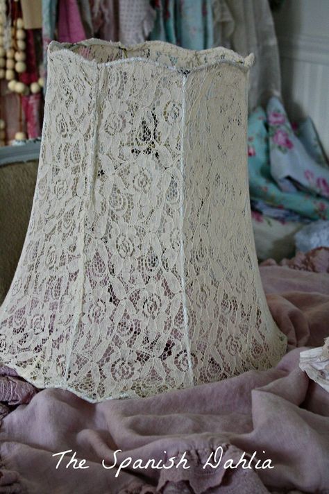 DIY:  Lace Lampshade Tutorial - made from an old lace shirt and a lampshade frame - The Spanish Dahlia Diy Lace Shirt, Lampshade Tutorial, Lace Lampshade, Luminaria Diy, Lace Lamp, Lampshade Frame, Chandelier Diy, Diy Lampshade, Doily Art