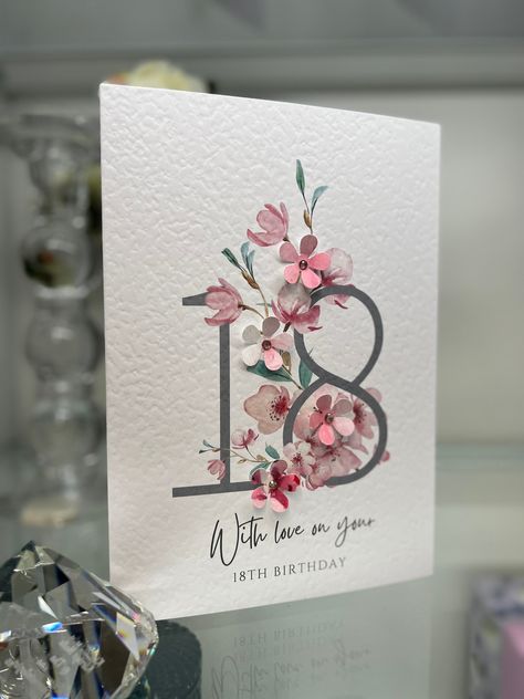 This beautiful handmade card is A5 and printed on 300gsm hammered card. It is designed and decorated by myself or one of a small team of helpers, in a little workshop, in the busy market town of Hessle, located in the East Riding of Yorkshire. Thank you for taking the time to look  Bev 18th Birthday Card Ideas Handmade, 18th Birthday Card Ideas, Cherry Blossom Card, Flowers Cherry Blossom, Busy Market, 18th Birthday Card, Thirtieth Birthday, 30th Birthday Card, Eighteenth Birthday