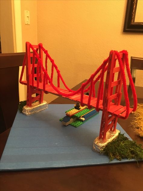 Golden Gate Bridge school project Golden Gate Bridge Popsicle Sticks, How To Build A Bridge For School Project, Building A Bridge Project For Kids, Diy Bridge Project, Spaghetti Bridge Project, Bridge Projects For Kids, Golden Gate Bridge Project, Bridge School Project, Bridge Diorama