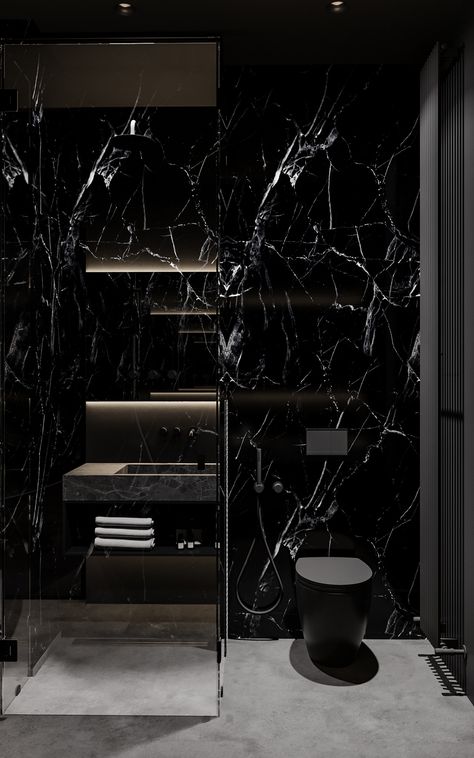 Black Marble Toilet, Black And Silver Bathroom, Black Marble Bathroom, Dark Interior Design, Dark Bathroom Ideas, Dark Bathrooms, Black Toilet, Apartment Projects, Bathroom Design Inspiration