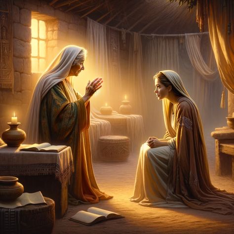 An inspirational scene depicting the biblical moment of Elizabeth's declaration to Mary, as referenced in Luke 1:45. The setting is serene and ancient, with soft, warm lighting enhancing the spiritual ambiance. In the foreground, two women, Elizabeth and Mary, are depicted in a moment of deep connection and faith. Elizabeth, an elderly Middle-Eastern woman, is shown with a gentle, wise... Mary And Elizabeth Bible, Elizabeth And Mary Bible, The Visitation Of Mary To Elizabeth Art, Mary And Elizabeth Visitation, The Visitation Of Mary To Elizabeth, Visitation Of Mary To Elizabeth, Love In Bible, Mary Visits Elizabeth, Mary And Elizabeth