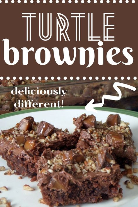 Turtle Brownies Recipe, Freezable Dinners, Caramel Brownies Recipe, Milk Chocolate Brownies, Sundae Toppings, Turtle Brownies, Caramel Bites, Chocolate Caramel Pretzels, Oreo Cookies Dipped