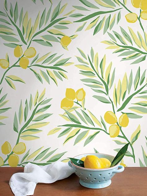 NextWall Lemon Branch Peel and Stick Wallpaper - - AmazonSmile Kitchen Wallpaper Backsplash, Wallpaper Backsplash, Lemon Branch, Wallpaper Tropical, Palm Leaf Wallpaper, Fruit Wallpaper, Drops Patterns, Temporary Wallpaper, Pink Lemon