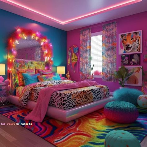 Funky Small Bedroom Ideas, Lisa Frank Home Decor, Lisa Frank Bedroom Ideas, Rainbow Bedroom Aesthetic, Lisa Frank Room, Fun Colorful Bedroom, Lisa Frank Bedroom, Bright Pink Room, Rainbow Room Aesthetic