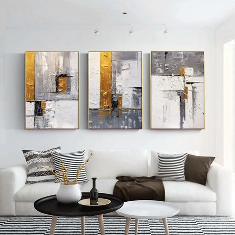 Set of 3 Gold Grey Canvas Painting Modern abstract Original Large wall art Flower Acrylic Painting living room Home decor|Painting & Calligraphy| - AliExpress Grey And Yellow Living Room, Decor Paintings, Cubist Art, Living Room Decor Gray, Flower Acrylic, Hallway Wall Decor, Yellow Living Room, Grey Painting, Design Room