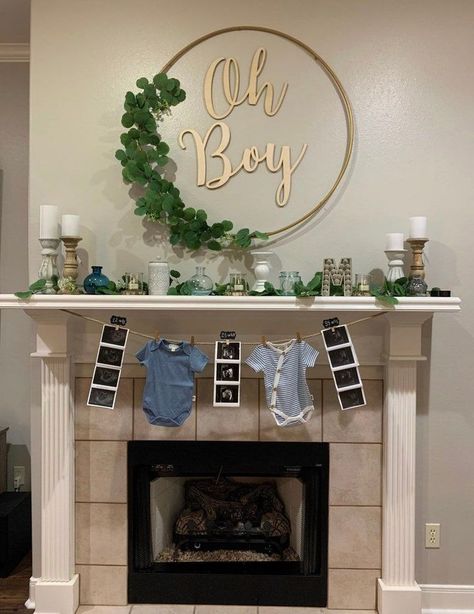 Boy Oh Boy Baby Shower Ideas, Blue And Green Baby Shower Ideas Boys, Baby Shower Ideas For Boys Decorations Theme Parties, Boho Baby Boy Shower Ideas, Simple Baby Boy Shower Ideas, Oh Boy Baby Shower Theme, Baby Shower Fireplace Decor, Boy Theme Baby Shower Ideas, Neutral Boy Baby Shower Ideas