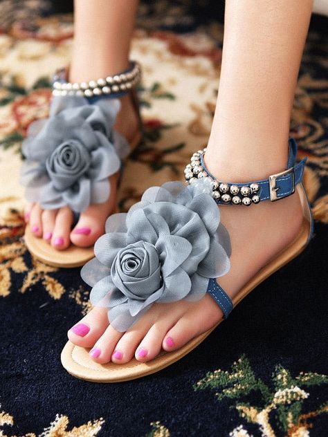 Heeled Flip Flops, Ankle Strap Sandals Flat, Flower Flat, Beaded Ankle, Flower Sandals, Beaded Flats, Ankle Strap Flats, Blue Sandals, Tory Burch Miller Sandal