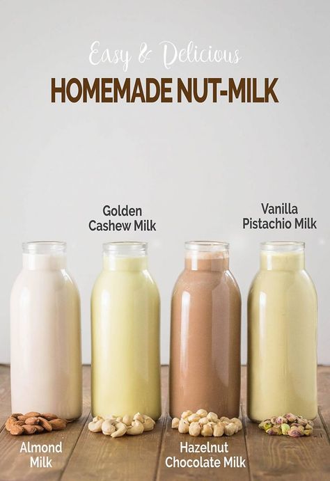 Easy Homemade Nut Milk And Nut Butter | Watch What U Eat Nut Milk Recipe, Pistachio Milk, Homemade Nut Milk, Oat Milk Recipe, Hazelnut Milk, Vegan Milk, Dairy Free Milk, Vegetable Drinks, Plant Based Milk