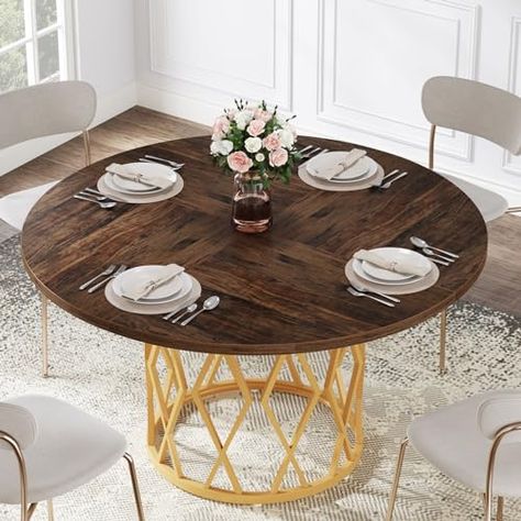 Farmhouse Dinning Room Table, Circle Dining Room Table, Dining Table For 4 People, Small Round Kitchen Table, Round Dining Table For 4, Circle Kitchen, Dining Table For 4, Table With Metal Base, Round Wooden Dining Table