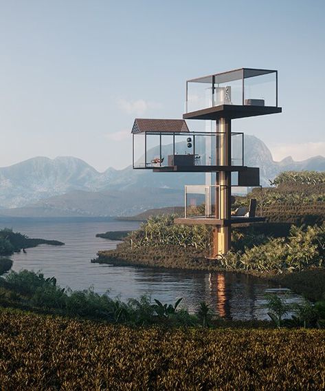 Elevator Home, Casa Cook Hotel, Black Villa, Casa Cook, Glass Elevator, Container Architecture, Chinese Landscape, Modelos 3d, Tiny Cabin