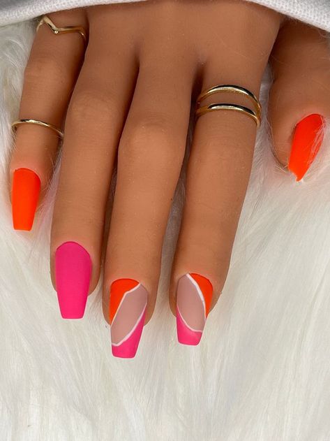 244 in 2022 | Hot pink nails, Orange nails, Line nail art Orange And Pink Nails Acrylic Short, Hot Pink Orange Nails, Hot Pink And Orange Nails, Abstract Line Nail Art, Pink And Orange Nails, Loki Funny, Nail 2024, Message Text, Line Nail Art