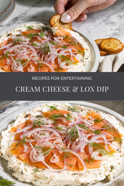 Cream Cheese and Lox Dip Lox And Cream Cheese Appetizer, Lox Dip, Lox Appetizer, Easy Brunch Appetizers, Brunch Appetizers, Cream Cheese Appetizer, Bagel Toppings, Lox And Bagels, Bagel Chips