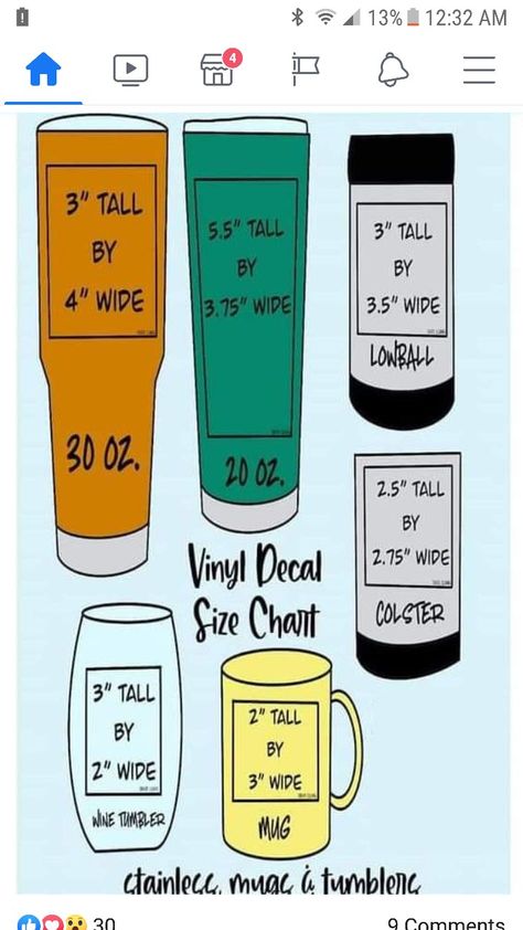 Decal Sizing For Tumblers, Vinyl Decal Size Chart, Decal Size Chart, Sublimacion Ideas, Cricut Supplies, Cricut Hacks, Projets Cricut, Cup Decal, Cricut Tips