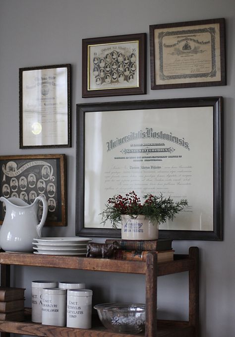 old diplomas/class photos Display Degrees On Wall, How To Hang Degrees In Office, Hanging Degrees On Wall, Framed Diplomas On Wall, College Diploma Display Ideas, Diploma Gallery Wall, Hanging Diplomas On Wall, Office Diploma Wall, Office With Diplomas On Wall