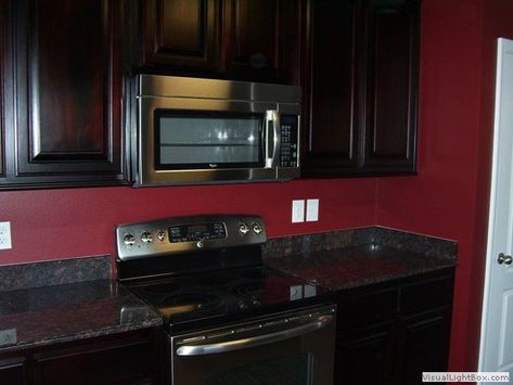 Dark Red Kitchen, Birch Kitchen Cabinets, White Cottage Kitchens, Birch Kitchen, Dark Wood Kitchen, Red Kitchen Walls, Colorful Studio, Cabinet Refresh, Red Backsplash