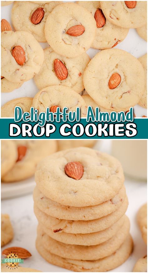 Almond Sandies Cookies Recipes, Almond Drop Cookies, Mandolin Cookie Recipes, Unique Drop Cookies, Whole Almond Recipes, Almond Cookies Recipes Easy, Almond Extract Cookies, Almond Cookies Recipes, Almond Cookie Recipe