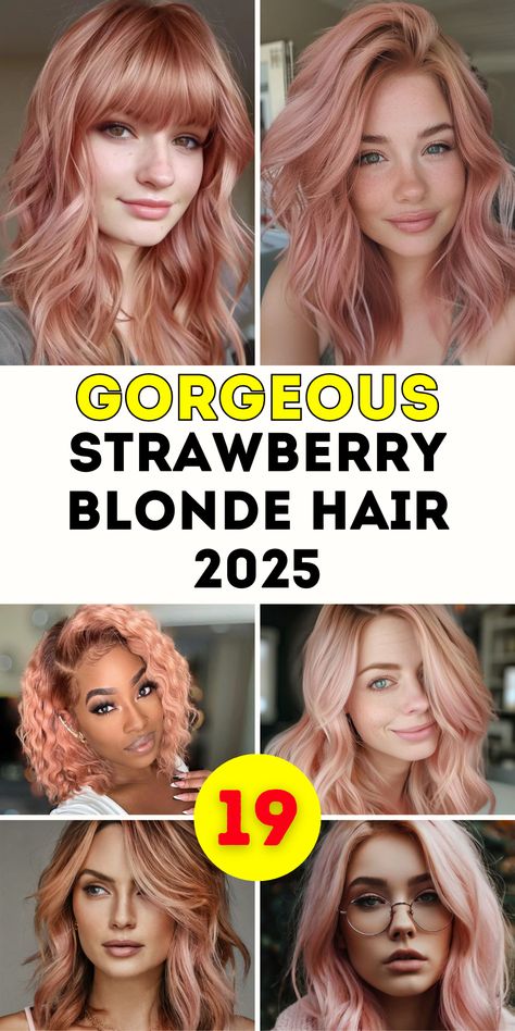 Embrace the warmth of Strawberry Blonde 2025, featuring golden streaks, highlights, and balayage to enhance your hair. From short, chin-length cuts to shoulder-length styles with dark roots, these ideas cater to all preferences. Perfect for black women and those with brown eyes, these hairstyles include soft curls, messy buns, and elegant updos. Strawberry Blonde Hair Gloss, Strawberry Blonde Hair With Highlights Medium Length, Strawberry Blonde With Red Highlights, Red Rose Gold Hair, Strawberry Blonde Hair Tan Skin, Hair Color Ideas Fair Skin, Strawberry Blonde Hair Brown Eyes, Strawberry Blonde Brown Hair, Blonde And Strawberry Highlights