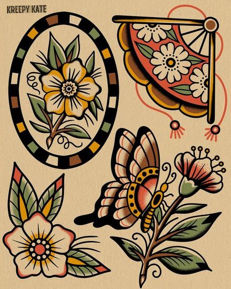 Aline Core, American Trad Flower, American Traditional Tattoos Flower, Traditional Flower Tattoo Design, Trad Flower Tattoo, Cute American Traditional Tattoo, Old School Flower Tattoo, Paint Vanity, Neo Traditional Tattoo Design